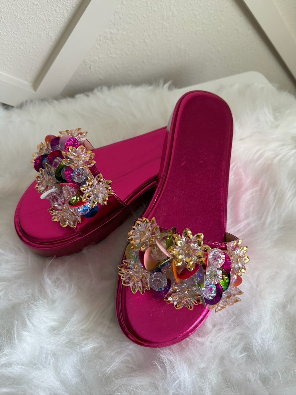 SHEIN Hot Pink Jeweled Platform Slide Sandals